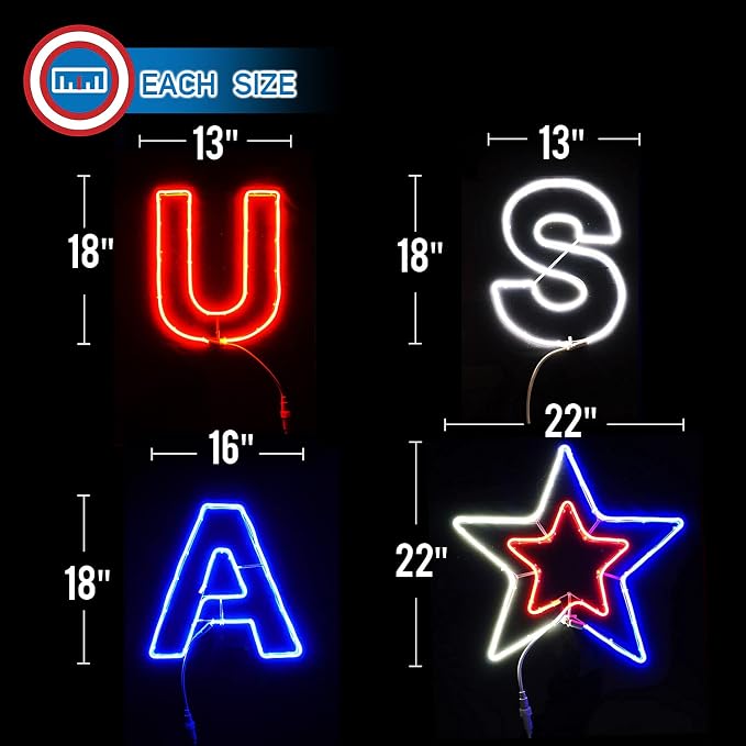 Russell Decor USA Patriotic Yard Sign Liights Star with 4-Level Dimmable Controller Waterproof Outdoor lights Red White Blue (6 ft x 2 ft)