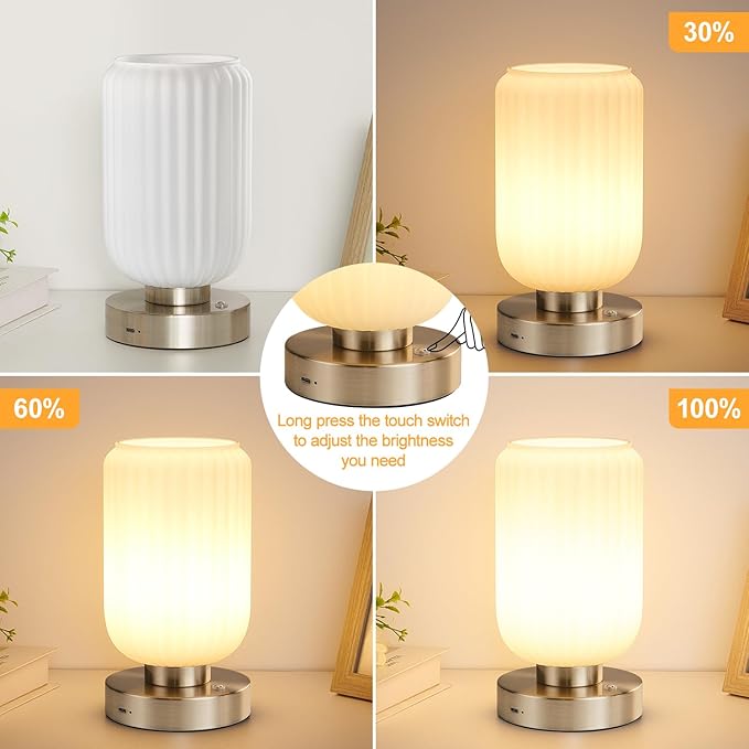 LightRound Cordless Table Lamp for Bedroom, 7500mAh Rechargeable Small Battery Lamp, Modern Touch Dimmable Wireless Lamp Brushed Nickel Base White Glass Shade for Living Room, Desk, Led Bulb Included