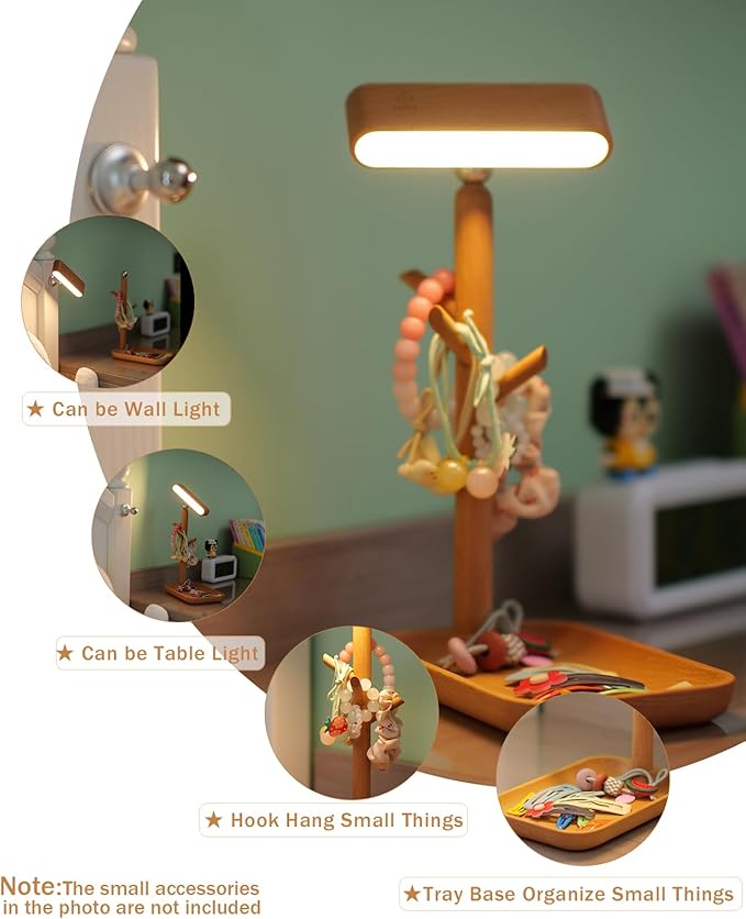 Wooden Table Lamp, Tree Trunk Rechargeable LED Desk Lamp with Organizer and Magnetic 360° Rotating Night Light for Bedside, Dorm Room or Living Space (Beech)