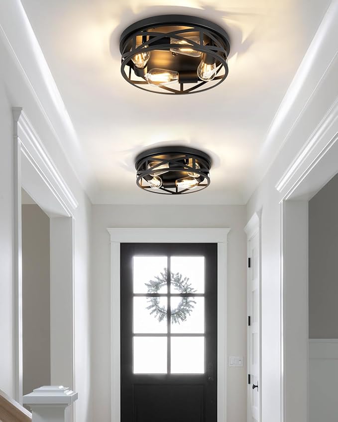 13 Inch Close to Ceiling Light Fixtures, 2 Pack Farmhouse Flush Mount Ceiling Light 4-Lights, Black Metal Cage Semi Flush Mount Ceiling Light for House Hallway Kitchen Bedroom
