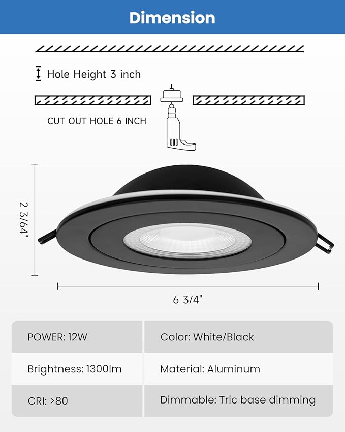 POPANU Recessed Lighting 6 inch - 12W Gimbal Light Eyeball Sloped Ceiling Recessed Spotlight 1300lm Black Trim 90° Tilt Swivel Soffit Wafer Lights 5CCT Adjustable Indoor Dimmable Black 6 inch 6 Pack