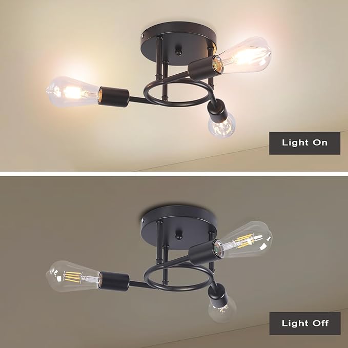 Finktonglan 3-Light Semi Flush Mount Ceiling Light, Matte Black Sputnik Ceiling Light Fixture, Modern Farmhouse E26 Chandelier for Kitchen, Bedroom, Hallway, Entryway