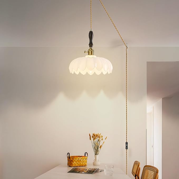 Modern White Plug in Glass Pendant Light Retro Flower Glass Hanging Lamp Gold Brass Decorative Adjustable Ceiling Hanging Light Suitable for Kitchen Island Bedroom Dining Room Living Room