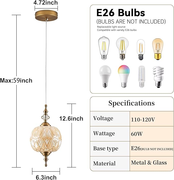 Vintage White Glass Pendant Light Fixture E26 Bulb for Bedroom Living Room Dining Room Kitchen Island Hallway