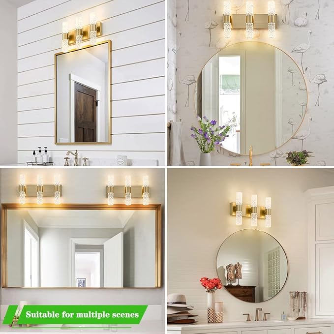 Gold Bathroom Light Fixture, Modern Brushed Vanity Light with, Crystal 6 Light Bathroom Vanity Light Fixtures Over Mirror, 27w LED Hardwired Wall Sconce, Warm White