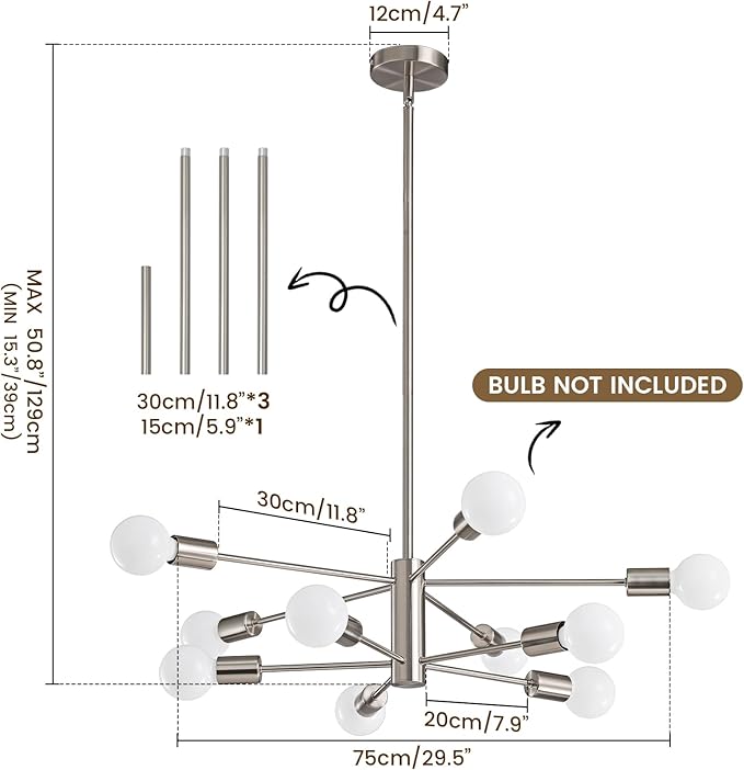 KAISITE Modern Chandelier Light Fixture Brushed Nickel Sputnik Chandelier 10-Light Farmhouse Chandelier for Dining Room Over Table Height Adjustable Kitchen Living Room Ceiling Hanging Light Fixture