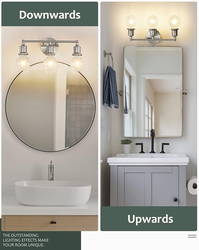 3-Light Vanity Light Fixture, Modern Brushed Nickel Wall Sconce Light Fixture, Farmhouse Silver Bathroom Wall Lighting for Over Mirror, E26 Base Wall Lamp for Bedroom (Bulb Not Included)