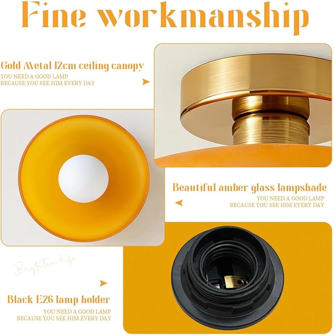 Brass Gold Semi Flush Mount Ceiling Light Fixture Vintage Glass Pendant Light Orange Dome Shade Bedroom Mid Century Modern Close to Ceiling Lights Hallway Overhead Lights Fixtures