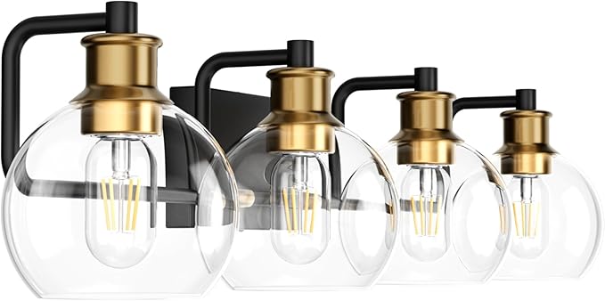 Tipace Industrial Bathroom Vanity Lighting Fixtures 4-Lights Vintage Black & Brass Finish with Globe Clear Glass Vanity Lights Farmhouse Bath Lighting(Exclude Bulb)