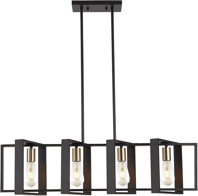 35.4" Kitchen Island Lighting Fixture, Dining Room 4 Lights Chandeliers, Black Wood+Metal Pendant Light for Foyer Hallway Living Room