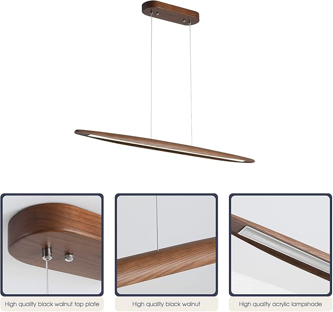 YISDESIGN Wood Linear Pendant Hanging Light Fixture Minimalist Light Linear Chandelier Wood Kitchen Island Lighting 40w Dimmable for Dining Room Dining Table Living Room Pool Table Walnut Color