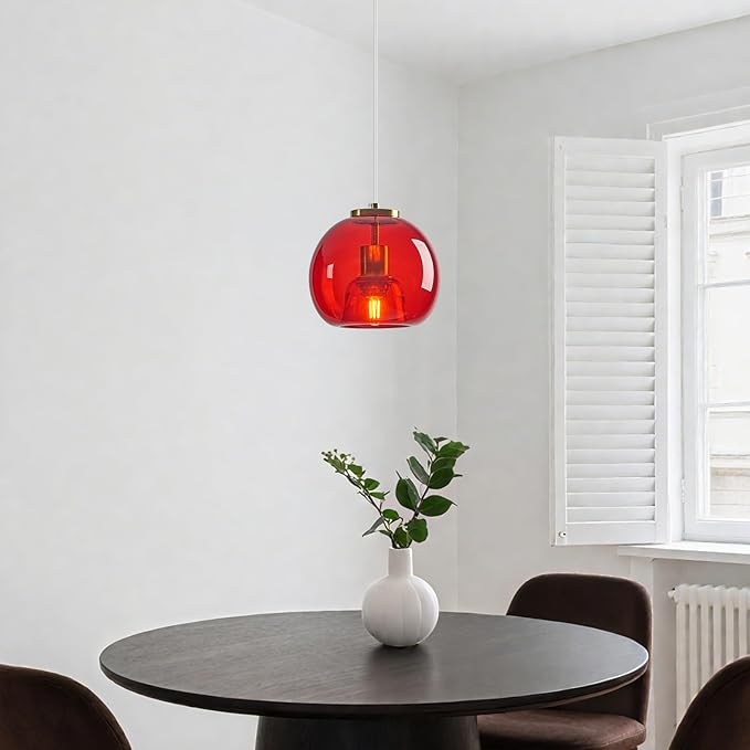 Red Glass Pendant Lights Kitchen Island Gold Hanging Light Fixture Glass Globe Pendant Light Modern Pendant Lighting for Kitchen Island Bedroom Dining Room (7.87", 1 Pack)