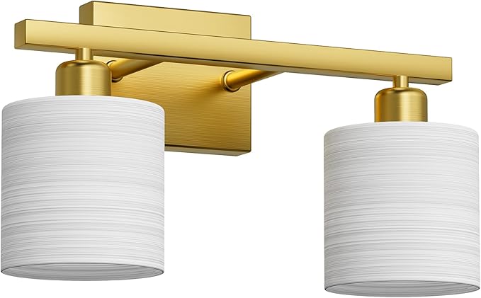 PARTPHONER Bathroom Light Fixtures, Bathroom Lighting Fixtures Over Mirror, Interior Classic Vanity Lights, Modern Vanity Light with Textured White Glass Shade, Brushed Gold, 2-Light