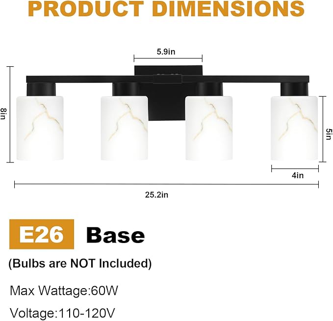 4-Light Bathroom Light Fixtures, Modern Vanity Lights, Black Metal Wall Lamp with White Marble Glass for Bathroom, Mirror, Living Room, Bedroom, Cabinet, Porch, Hallway, E26 Base