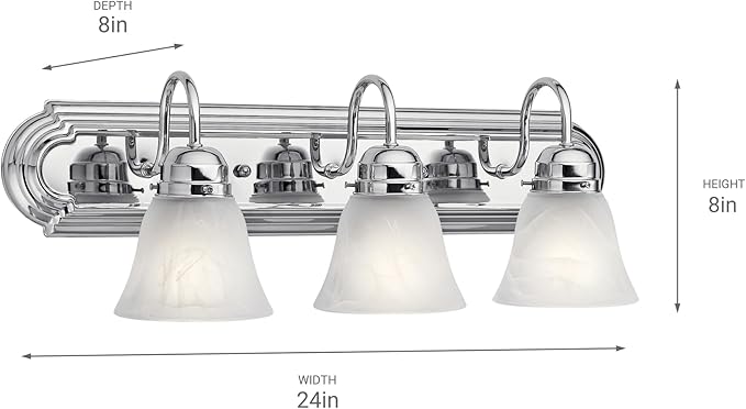 Kichler 24" 3-Light Vanity Bath Light in Chrome, Modern Bathroom Light with Clear Satin Etched Glass, (24" W x 8" H), 5337CHS