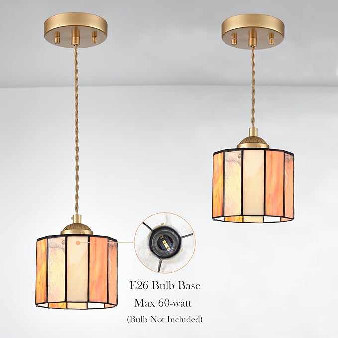 Tiffany Style Pendant Light Hanging Lamp 5.5-Inch Stained Glass Pendant Light Fixture Vintage Cylinder Tiffany Pendant Lighting for Kitchen Island Hallway Dining Room Office Home