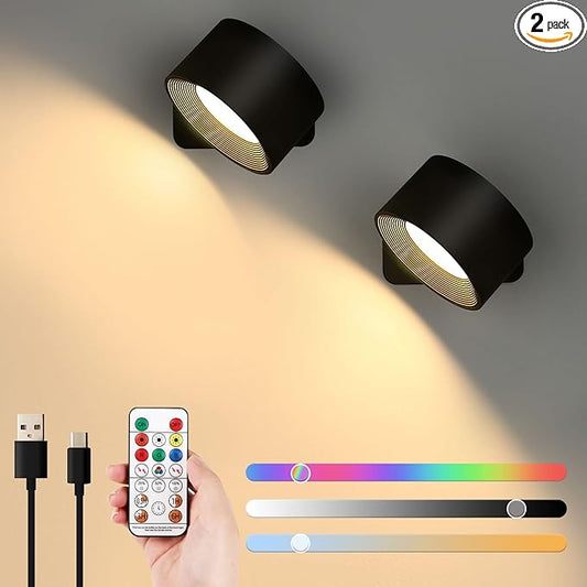 Lightess 2PC LED Wall Sconces, 19 Colors Dimmable Wall Mounted Lamp with 5000mAh Rechargeable Battery, 360°Rotate Magnetic Ball, Touch & Remote Control, Cordless Wall Light for Reading Bedside