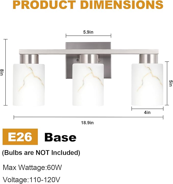 3-Light Bathroom Light Fixtures, Modern Vanity Lights, Brushed Nickel Metal Wall Lamp with White Marble Glass for Bathroom, Mirror, Living Room, Bedroom, Cabinet, Porch, Hallway, E26 Base