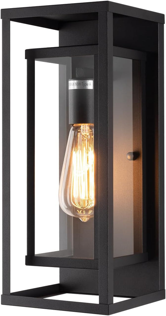 mirrea 14" Classic Outdoor Wall Sconce 1 Light in Matte Black Rectangular Metal Frame and Clear Glass Shade Waterproof Porch Light Patio Light