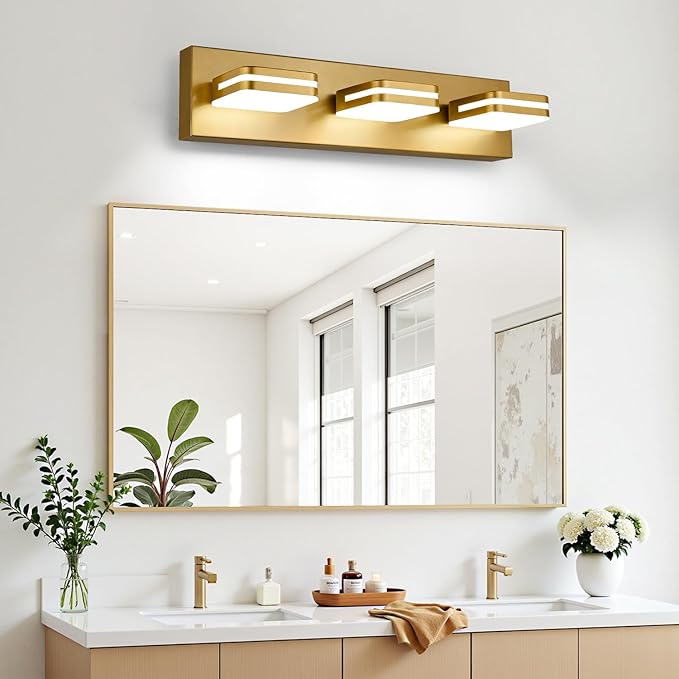 360° Rotate LED Bathroom Vanity Light Fixtures, 1300LM Acrylic Gold Vanity Lights for Bathroom, Modern Wall Lighting Fixtures Over Mirror Kitchen Living Room Hallway (Natural White Light 5000K)