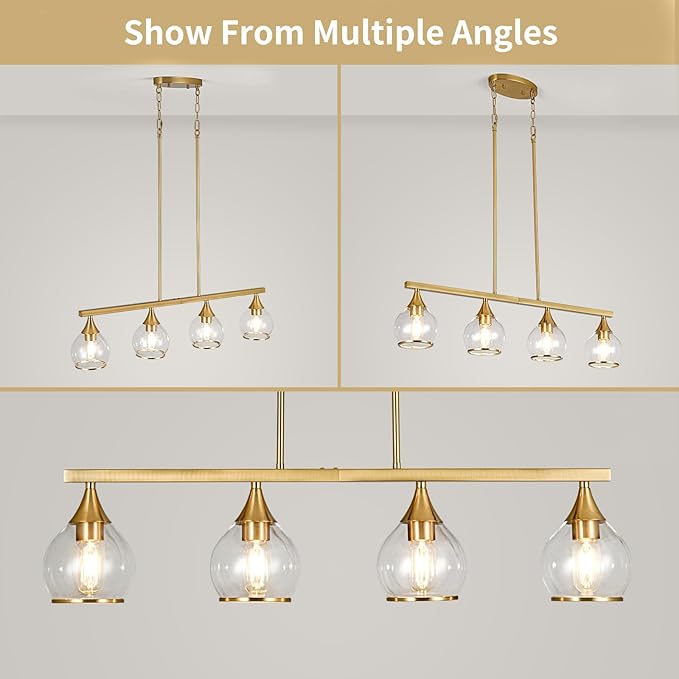 Island Light for Kitchen, 4-Light Gold Kitchen Island Linear Hanging Pendant Chandeliers, Brushed Gold Dining Room Light Fixture Over Table with Clear Round Glass Shades