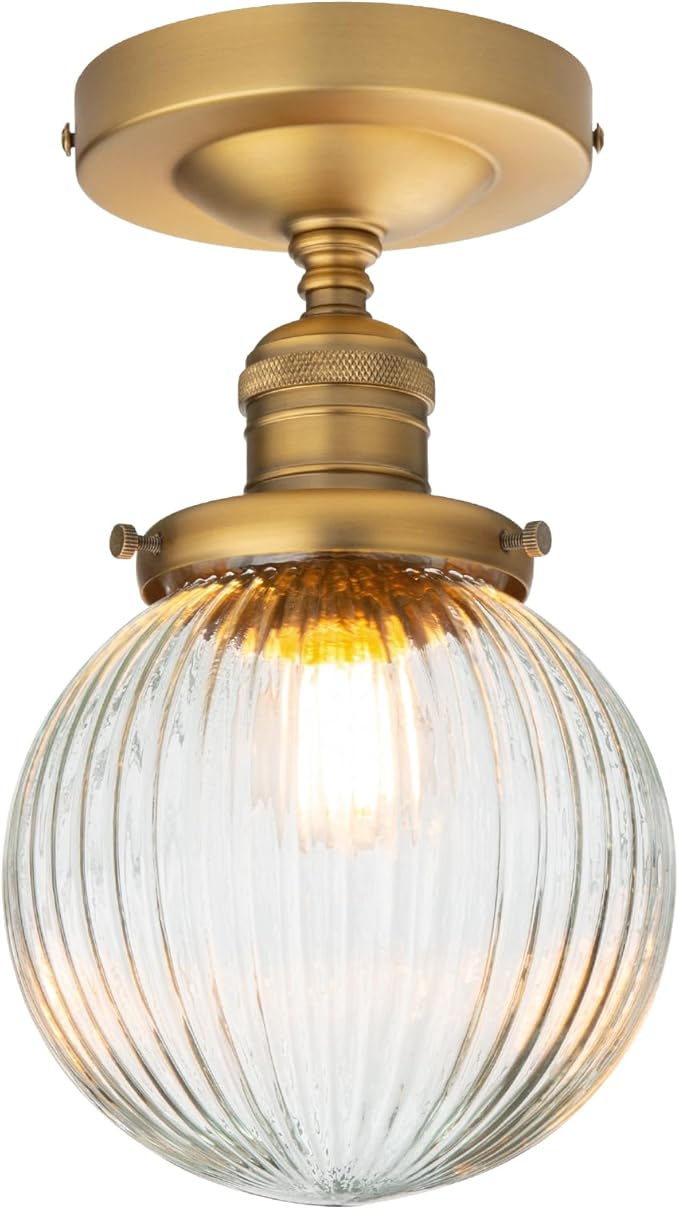 PERMO Simi Flush Mount Ceiling Light with Globe Ribbed Glass Lampshade 1- Light Flush Mount Ceiling Light for Hallway, Brass Finish (Antique Gold)