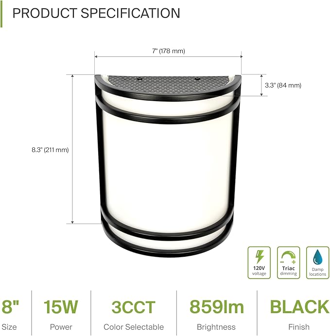 ASD LED Indoor Wall Mount Light Fixture - 8 Inch 15W Modern Interior Matte Black Dimmable Wall Sconce Light - ETL 3000K 4000K 5000K Adjustable - Hallway, Bedroom LED Wall Lights, 4 Pack