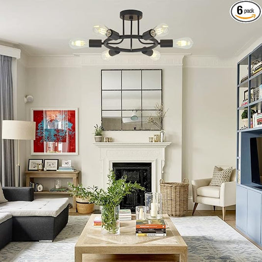 6 Lights Sputnik Chandelier Light Fixtures Modern Chandelier Lighting Black Semi Flush Mount Ceiling Light Industrial Starburst Style Ceiling Lamp for Kitchen Dining Room Foyer Hallway by BONLICHT