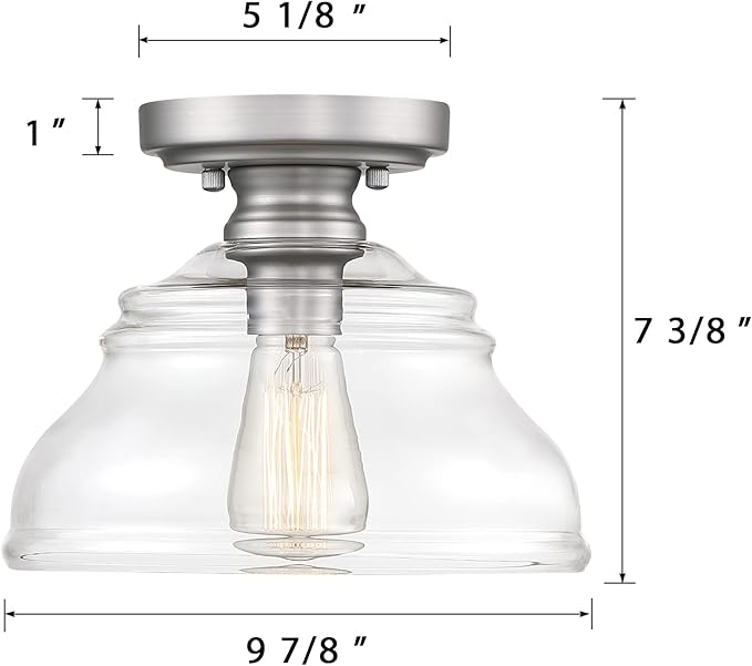 MEXO Industrial Semi Flush Mount Ceiling Light, Modern Clear Glass Shade Ceiling Light Fixture Farmhouse Close to Ceiling Lights in Satin Nickel for Hallway Bedroom, Kitchen Entryway Porch