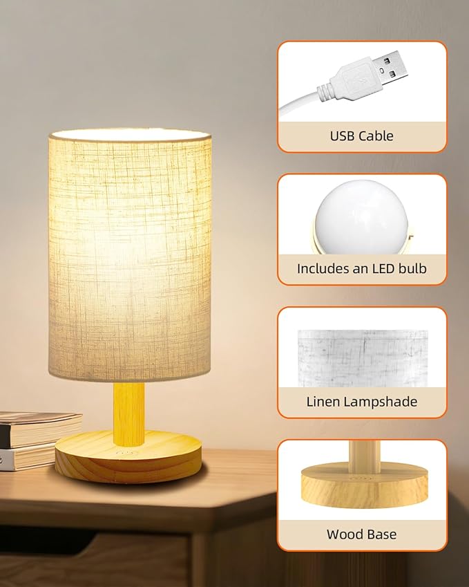 Small Touch Table Lamp for Bedroom, Bedside Lamp for Warm Light LED Desk Lamp, Wood Base Round Flaxen Fabric Shade for Kids Room, Living Room, College Dorm, Home, Office