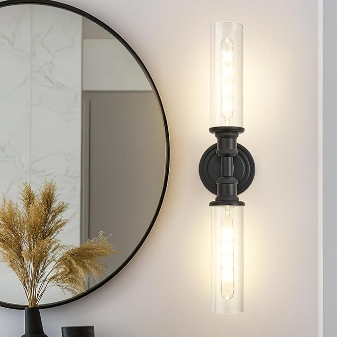 Ken & Ricky Modern Bathroom Sconces Set of 2, Matte Black Bathroom Wall Sconces,24-Inch Wall Sconce Light Fixtures Side of Mirror for Bathroom Living Room Bedroom