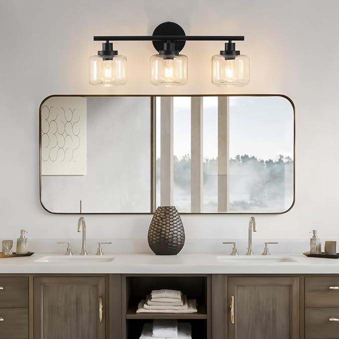2025 Upgraded Black Bathroom Vanity Light 3-Lights Bathroom Light Fixtures Over Mirror with Glass Shade 25 inch Wall Sconce Lighting Bath(Exclude E26 Bulb)