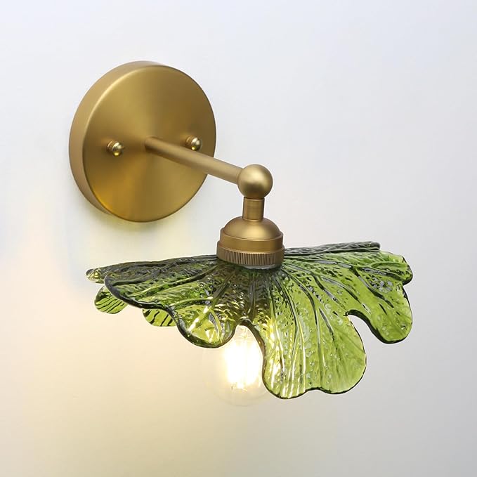 Pathson Vintage Wall Sconce Green Flower Glass, Hardwired Bathroom Sconce Boho Brass Wall Vanity Light for Living Room, Kitchen Sink, Bedroom, Farmhouse Lamp
