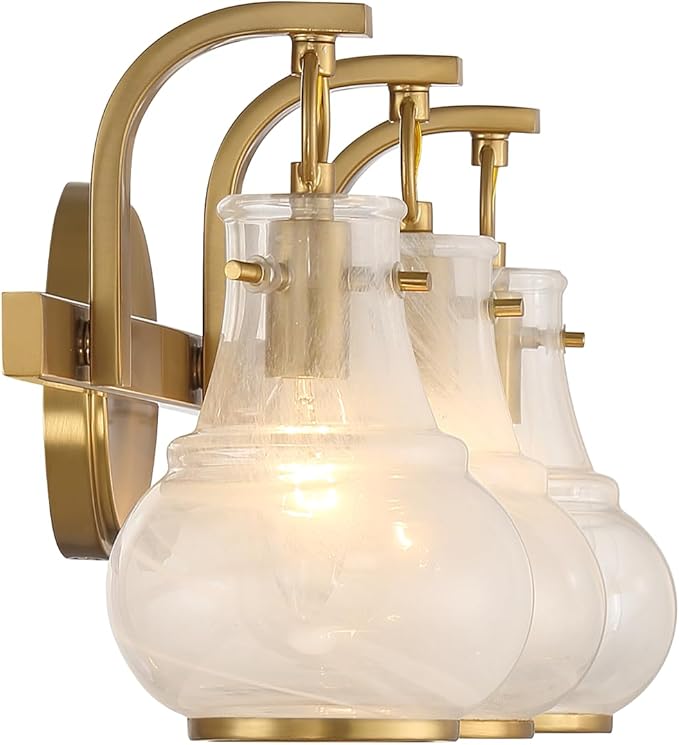 Savoy House 8-4417-3-322 Adams Modern Vintage Traditional White Strie Glass Bathroom Vanity Wall Light, 3-Light 180 Total Watts, 9" H x 24" W, Warm Brass