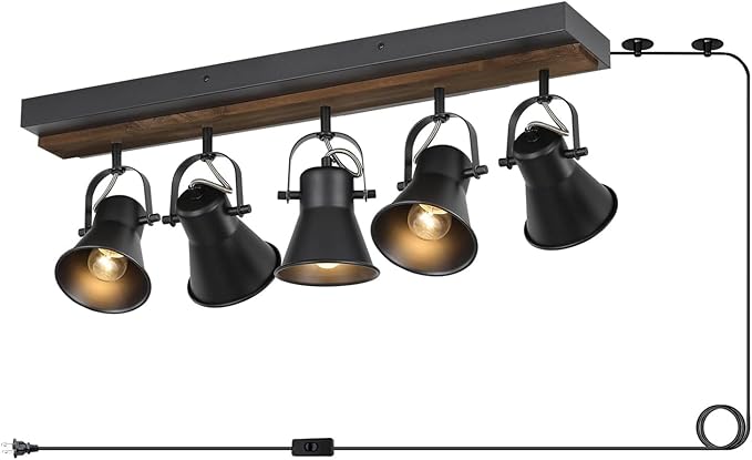 KEESFU 5-Light Plug in Track Lighting Kit,Black Semi Flush Mount Ceiling Light with 5 Rotatable Light Heads,Modern Farmhouse Lighting for Livingroom,Bedroom,Hallway,Art Wall,Bathroom,Kitchen.