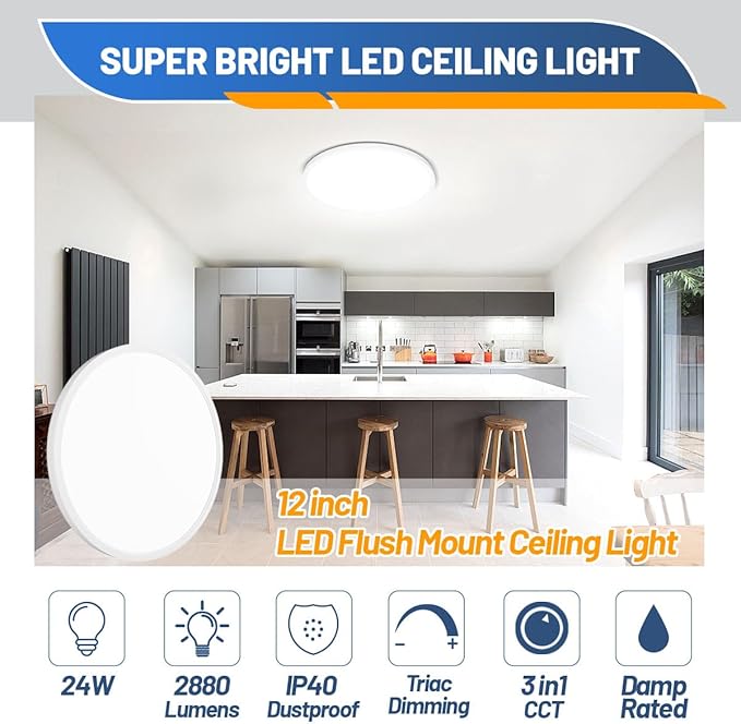 Allsmartlife 4-Pack LED Flush Mount Ceiling Light, 12inch 24W 2880lm Dimmable CCT 3000K/4000K/6500K Edge-Lit Thin White Round Flat Panel Light Surface Mount for Kitchen，Hallway，Bedroom
