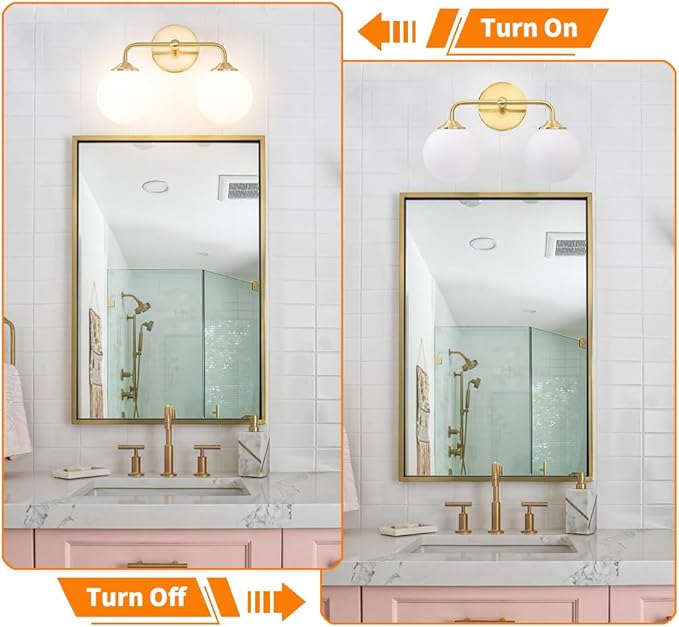 Modern Gold 2-Lights Bathroom Light Fixtures, Brass Vanity Light with Milky White Globe Glass Shade, Elegant Vanity Light Fixtures over Mirror, Wall Sconce Light for Bathroom, Mirror, Dressing Table