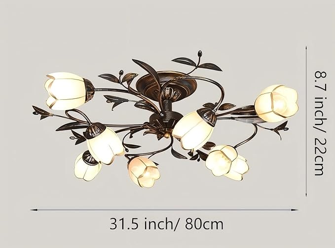 31.5 Inch 8-Lights Branch Shaped Ceiling Lights, Creative Retro Style Flower Vine Ceiling Light Fixtures, Country Style Ceiling Lamp for Living Room, Bedroom, Kitchen, Study Room