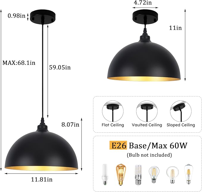 3 Set Black Pendant Light Fixtures for Dining Room 11.8" Farmhouse Pendent Lights Industrial Modern Chandelier Ceiling Hanging Light Fixture for Kitchen Living Room Foyer Entryway Kitchen Island