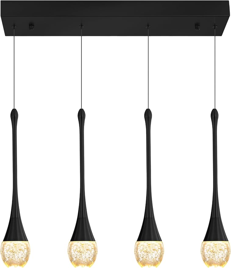 ykolupty Dining Room Light Fixture 4-Light Black Kitchen Island Lighting Industrial Linear Crystal Chandeliers for Dining Room Pendant Light Fixture for Living Room Hallway Bedroom