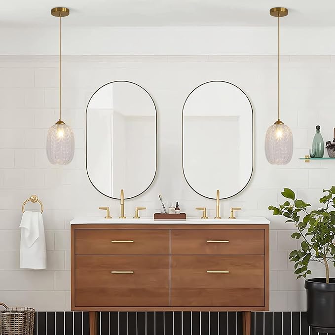 KCO Lighting Clear Glass Globe Pendant Light Ribbed Ceiling Light Brass Pendant Lights Kitchen Island Mid Century Modern Ceiling Hanging Light Gold Single Pendant Light