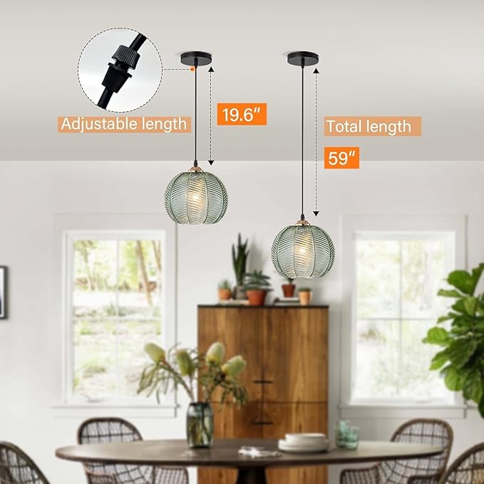 Green Glass Pendant Light Fixture Black Mid Century Modern Pendant Lighting Chandelier 1-Light Globe Ceiling Hanging Light for Bedroom Living Dinning Room Kitchen Island