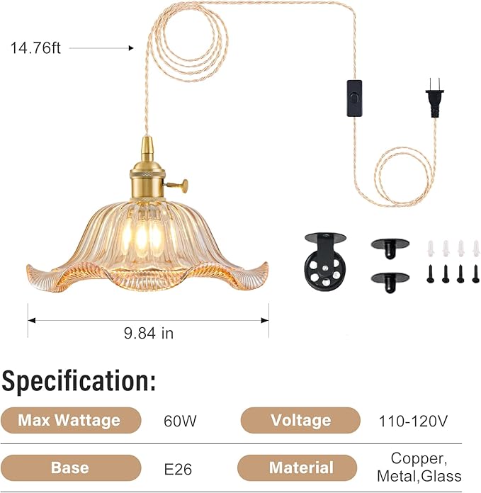 Plug in Pendant Light Vintage 2 Pack, Adjustable Pulley Hanging Lamp with Amber Lily Glass Shade, Brass Hanging Lights with Plug in Cord, Gold Hanging Pendant Light for Bedroom Living Room Kitchen