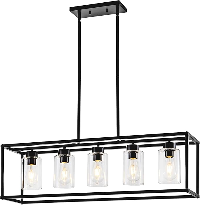 5 Light Dining Room Light Fixture Matte Black Farmhouse Chandelier Over Table Rectangular Kitchen Pendant Lighting Rectangle Modern Industrial Living Room Hanging Lights Adjustable Height