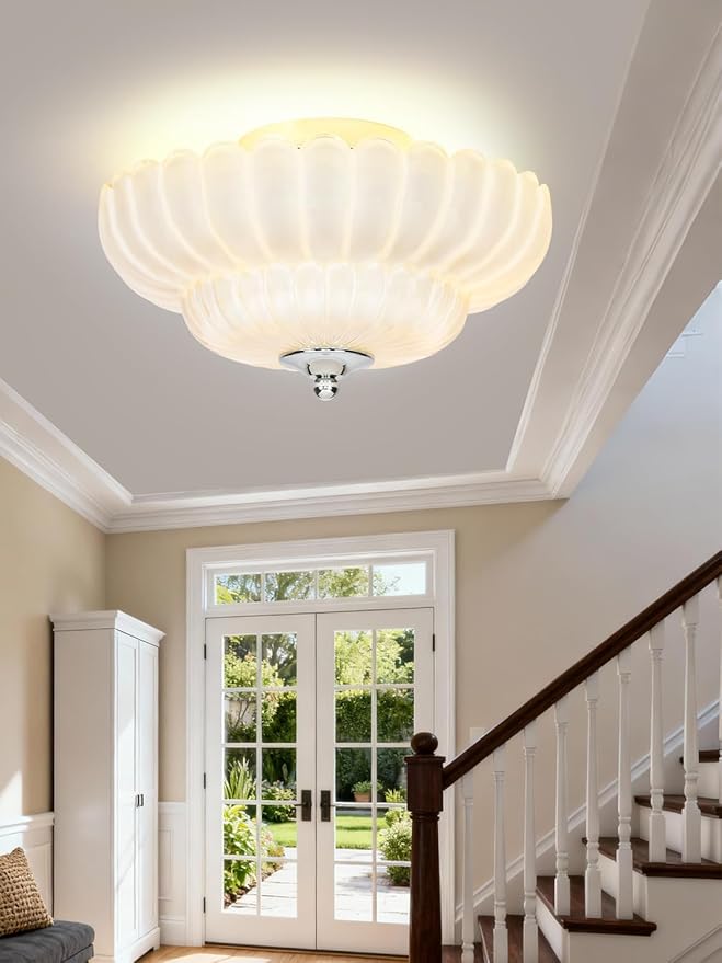 Modern White Ceiling Light Fixture, 12" White Glass Flush Mount Chandeliers, Semi Flush Mount Ceiling Light Fixture Suitable for Living Room Hallway Kitchen Bedroom