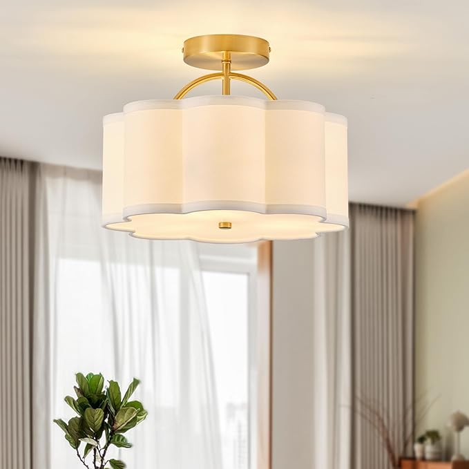 13.5" Gold Semi Flush Mount Ceiling Light Fixture for Bedroom,3-Light Modern Flower-Shape Close to Ceiling Light with Fabric Shade for Bedroom Hallway Nursery Living Room (White)