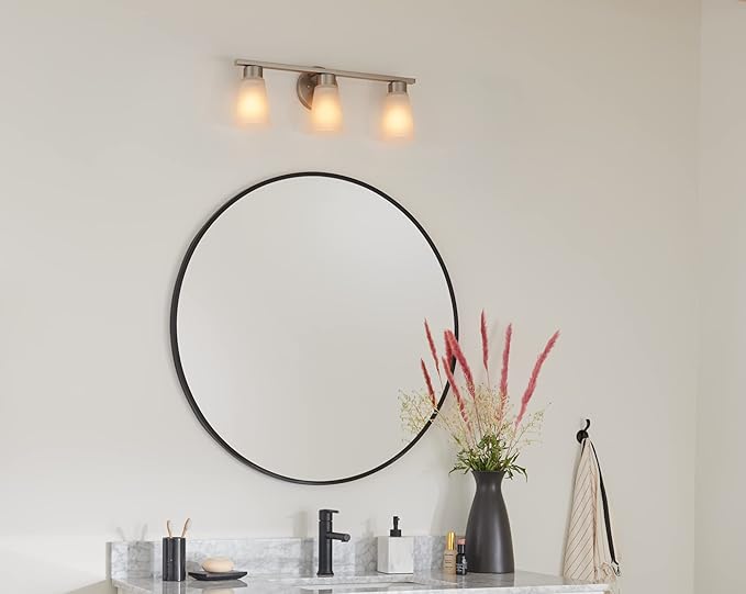 Kichler Stamos 3-Light Bathroom Vanity Light Fixture with Satin Etched Glass Shades, 22 in Modern Wall Mount Light in Brushed Nickel for over Mirror (22 in x 5 in x 8 in), 55121NI
