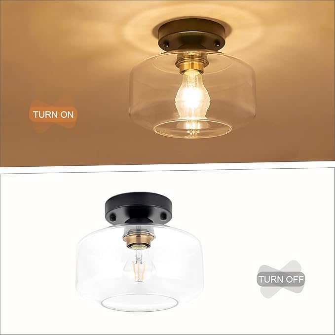 BISAMIYA Modern Semi Flush Mount Ceiling Light - Matte Black with Brass Accent & 8.66” Clear Glass Shade - for Kitchen, Dining Room, Hallway & Entryway