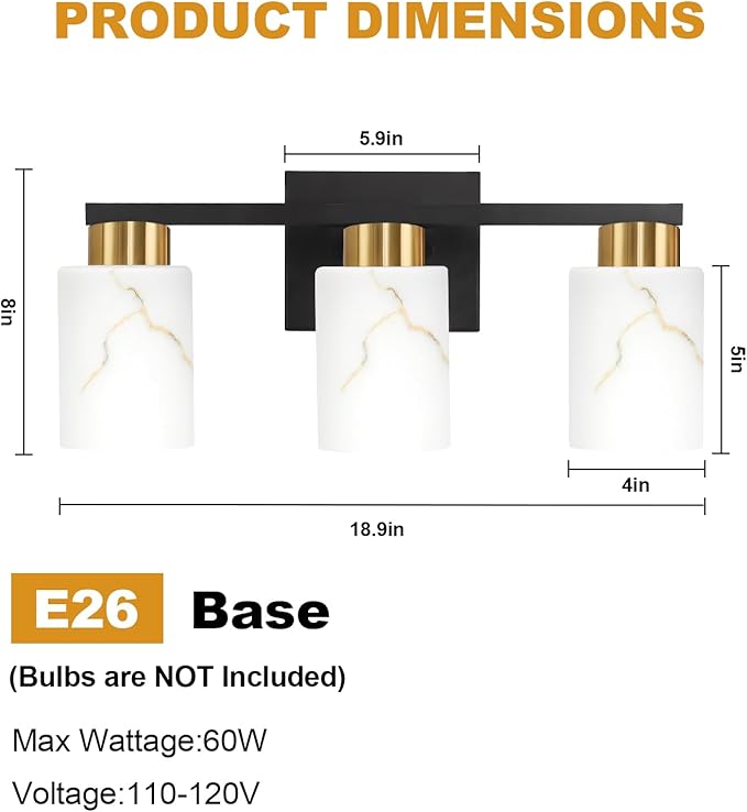 3-Light Bathroom Light Fixtures, Modern Vanity Lights, Black and Gold Metal Wall Lamp with White Marble Glass for Bathroom, Mirror, Living Room, Bedroom, Cabinet, Porch, Hallway, E26 Base
