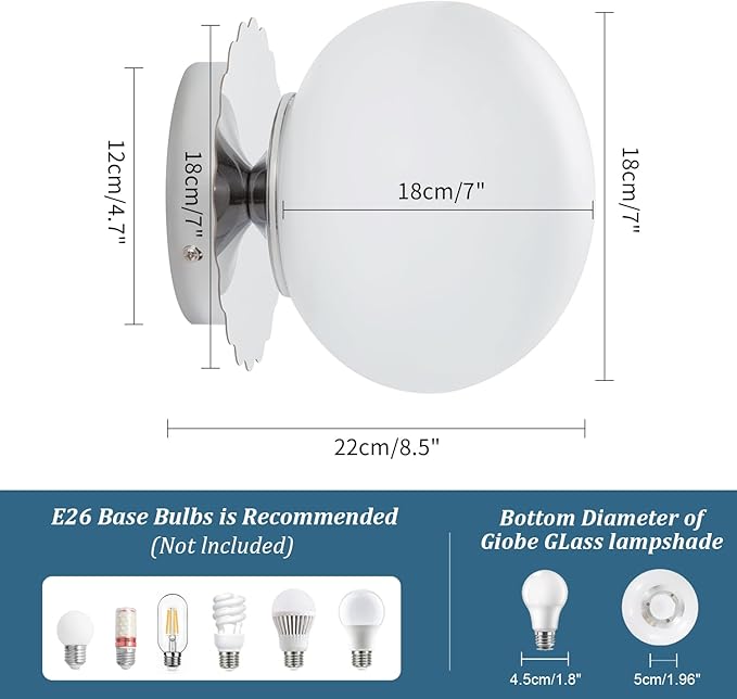 Modern Globe Glass Wall Sconces- Minimalist Home Shop Decor Wall Light 7" Glass Shade Hardwired- 1 Light Mid Century Wall Lamps Indoor Bedroom Bathroom Hallway Vanity Sconce Light (Chrome-White)